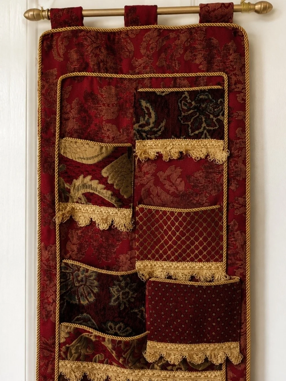 Red and Gold Fabric Wall Organizer Pocket Panel - Home Wall Decor
